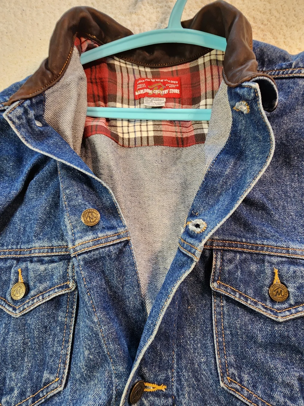 Vintage Marlboro Country Store Denim Trucker Jacket Leather Collar Flannel Sz L